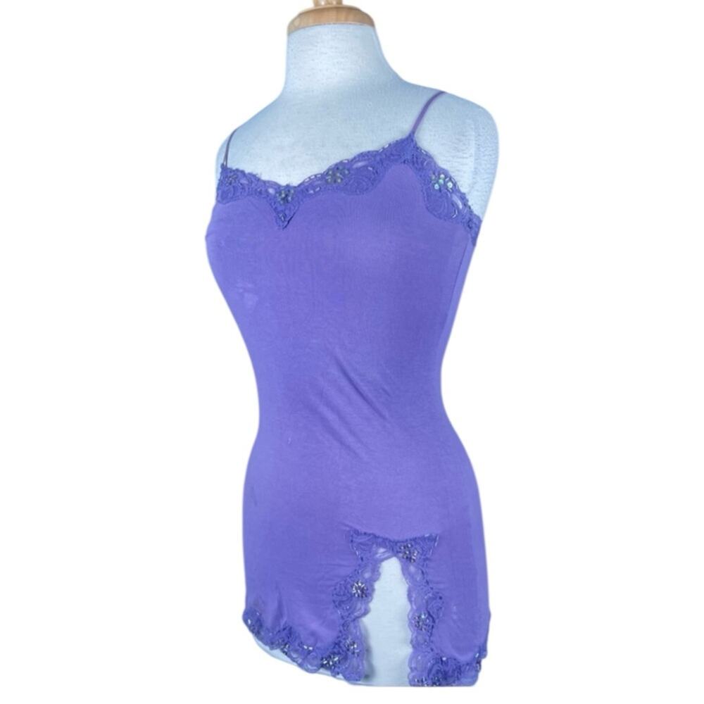 Vintage Y2K Beaded Sequined Lace Trimmed Tank Cami Top Lilac Purple Size Small